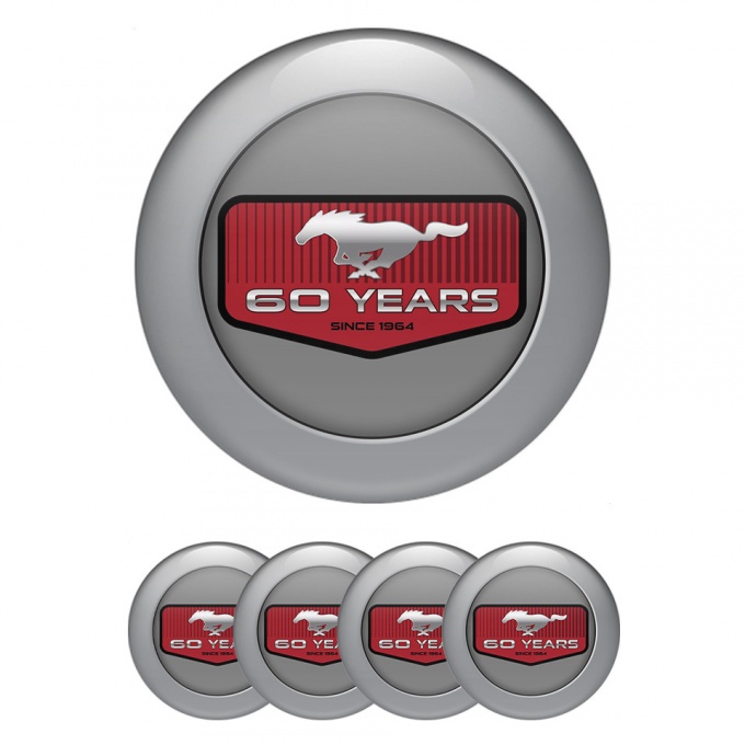 Ford Mustang Wheel Hub Emblems 60 years gray with red logo