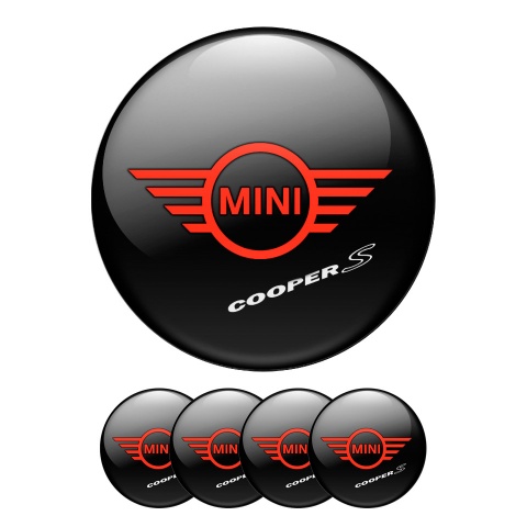 Mini Cooper S Domed Stickers Wheel Cap Black Red Logo