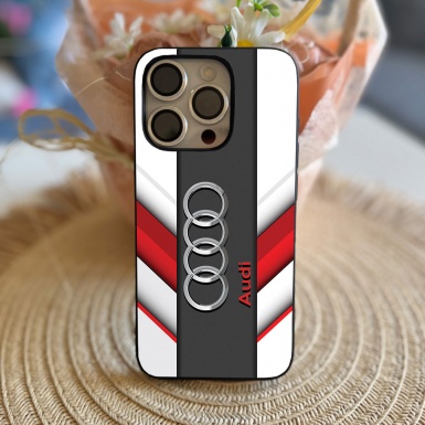 Audi case for an iPhone with an emblem in the center color white red gray 006