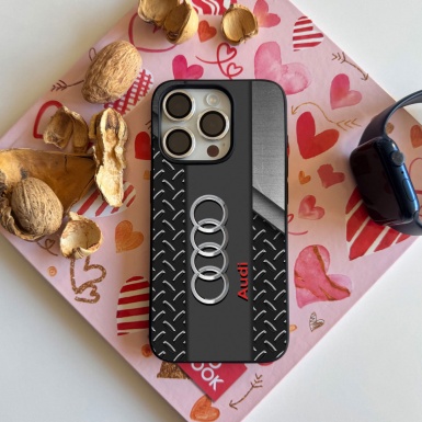 Audi iPhone case with wallpaper metal gray black with logo 013