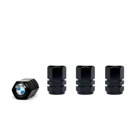 BMW Valve Steam Caps Black 4 pcs Blue White Logo