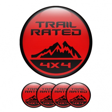 Jeep Domed Stickers Wheel Center Cap Trail Rated 4 x 4 Red Background
