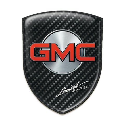 GMC Self Adhesive Emblem Logo Black Fibers Base Silver Circle and red Logo 
