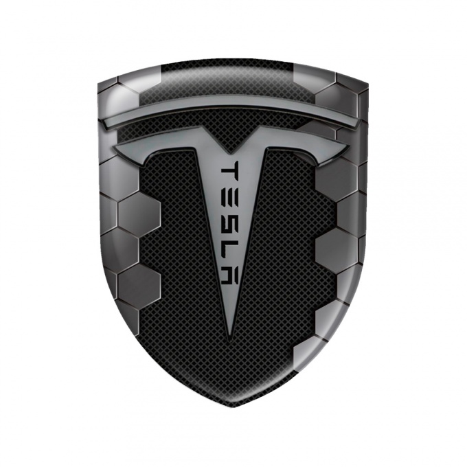 Tesla Shield Silicone Emblem Honeycomb Artwork Grey Logo, Domed Emblems, Stickers