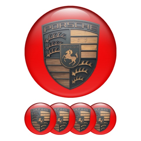 Porsche Wheel Emblems Wood Style Logo Red