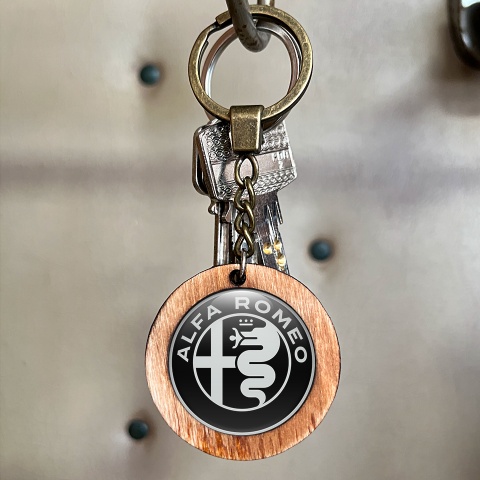 Alfa Romeo Handmade Wood Keychain Black Logo