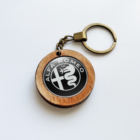 Alfa Romeo Handmade Wood Keychain Black Logo