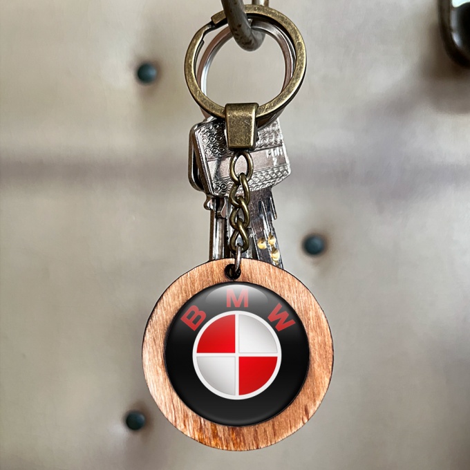 BMW Keychain Handmade from Wood Classic Red Logo