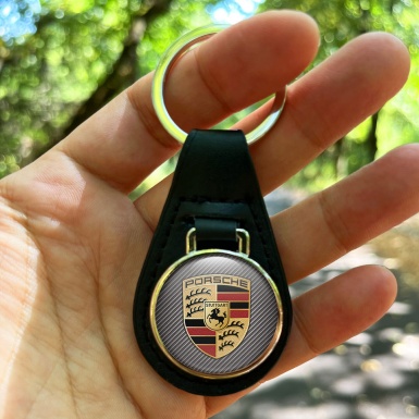 Porsche Key Chain Leather Carbon Base Classic Logo