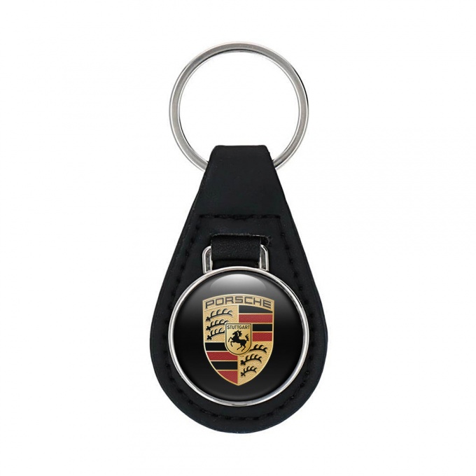 Porsche Keychain Leather Black Base Classic Logo