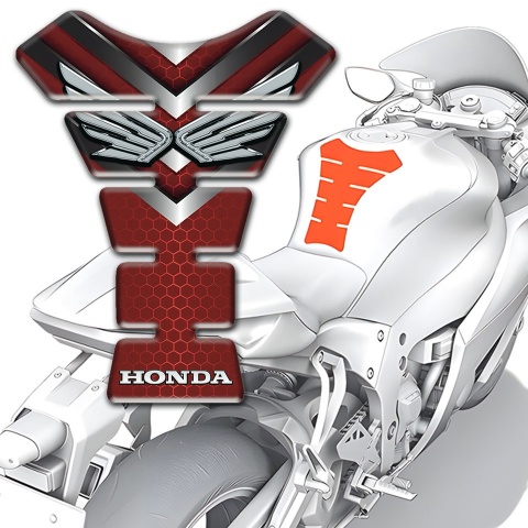 Honda Tank Guard Pads Red Hexagonal Design Base Silver Logo 
