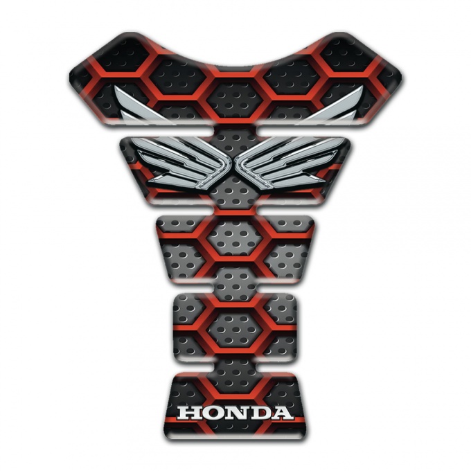 Honda Tank Pad Protector Red 3D Hexagons Design and Silver logo 