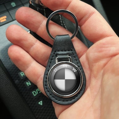 BMW Leather Keychain Grey White Logo