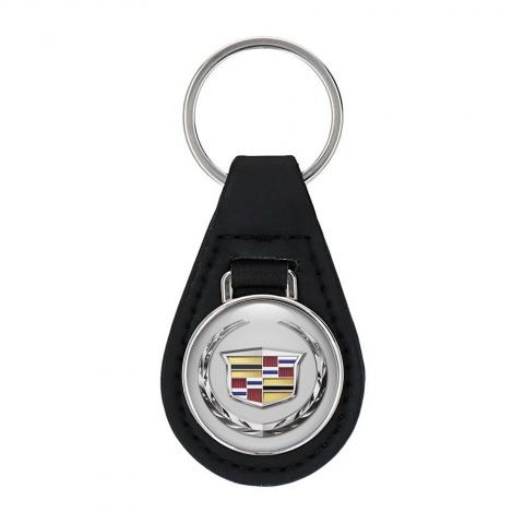 Cadillac Leather Keychain Silver Chrome Logo
