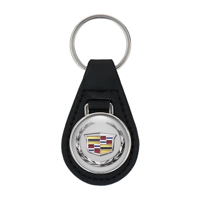 Cadillac Leather Keychain Silver Chrome Logo