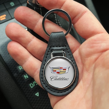 Cadillac Keychain Leather Silver Classic Design