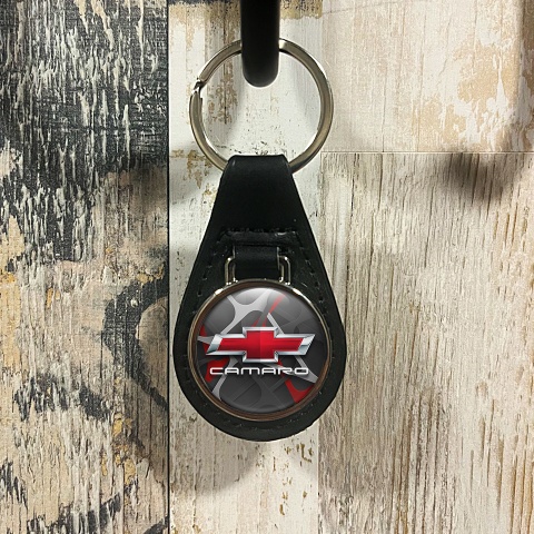 Chevrolet Camaro Leather Keychain  Black Red Camo Design