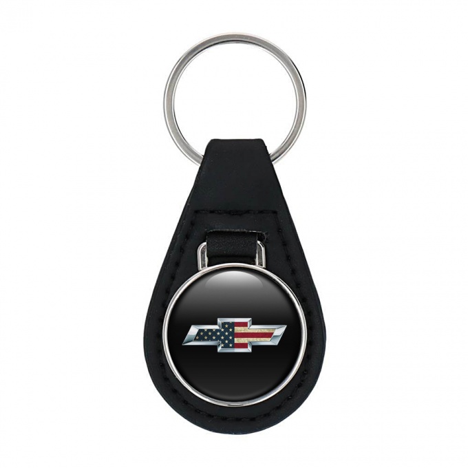 Chevrolet Autoschlusselanhanger aus Leder Schwarz mit US Flages Logo