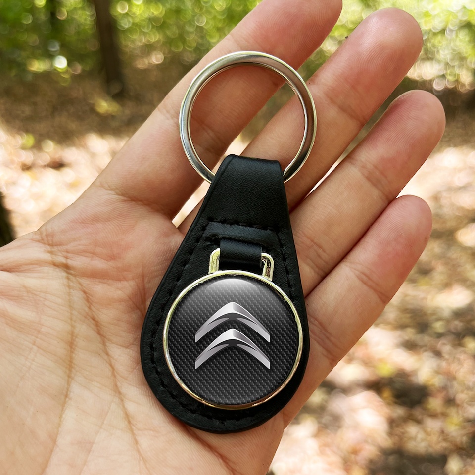 Citroen Keychain Leather Black Carbon Chrome Logo Keychains