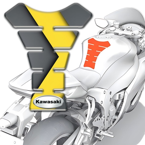 Kawasaki Tank Guard Pads Yellow Gray Background and Silver Oval Logo 