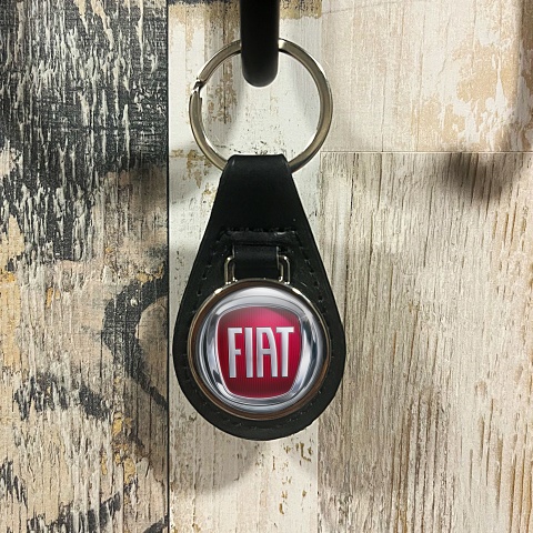 Fiat Leather Keychain Chrome Circle Red Design