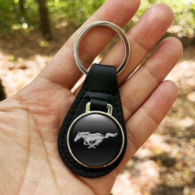 Ford Mustang Leather Keychain Black Chrome Design