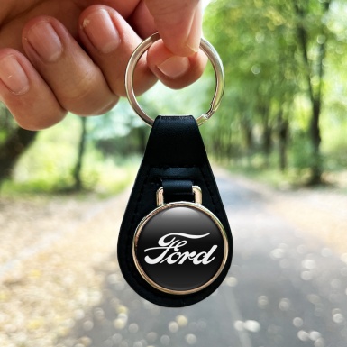 Ford Keychain Leather Black White Classic