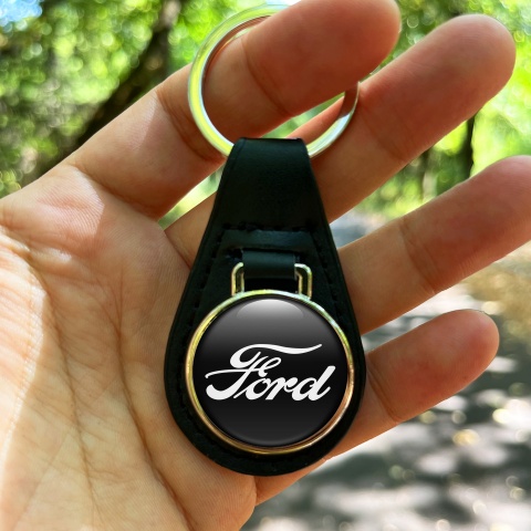 Ford Keychain Leather Black White Classic