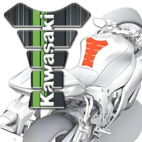 Kawasaki Tank Fuse Gray with White Stripes base and White Vertical Logo 
