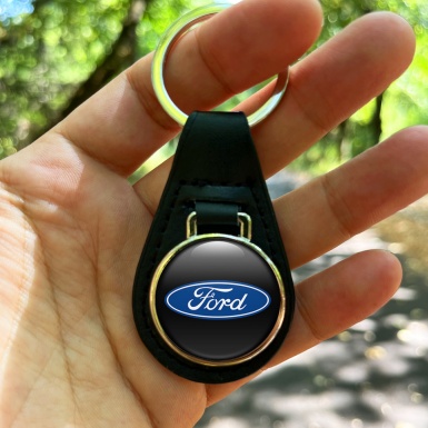 Ford Keychain Leather Black Blue Logo