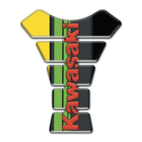 Kawasaki Tank Pad Motorbike Black Yellow halves Base with Green Tape Logo panel and Red logo 