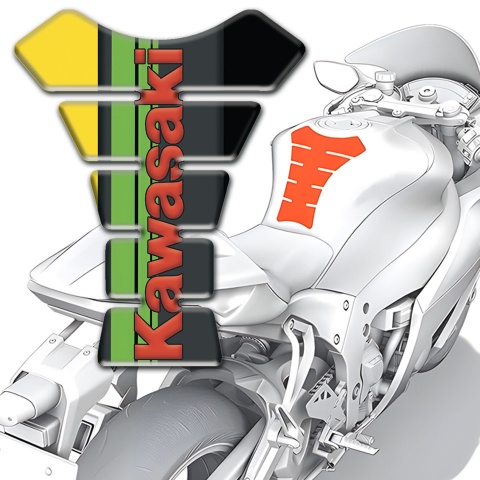 Kawasaki Tank Pad Motorbike Black Yellow halves Base with Green Tape Logo panel and Red logo 