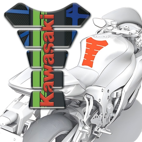 Kawasaki Tank Pad Motorbike Black with Blue Lines Design Red Logo Style 