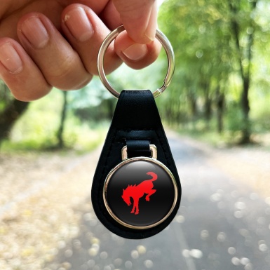 Ford Mustang Leather Keychain Black Red Logo