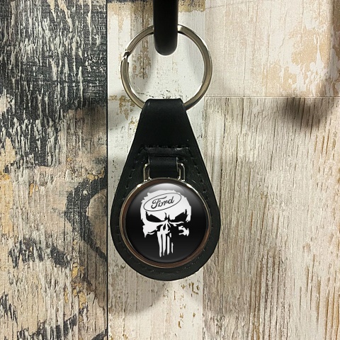 Ford Keychain Leather Black White Skull Edition