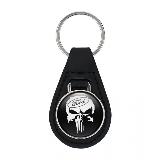 Ford Keychain Leather Black White Skull Edition