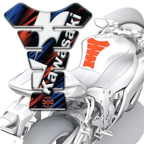 Kawasaki Tank Guard Pads Black with Blue Red patterns Basse and Diagonal White Logo 