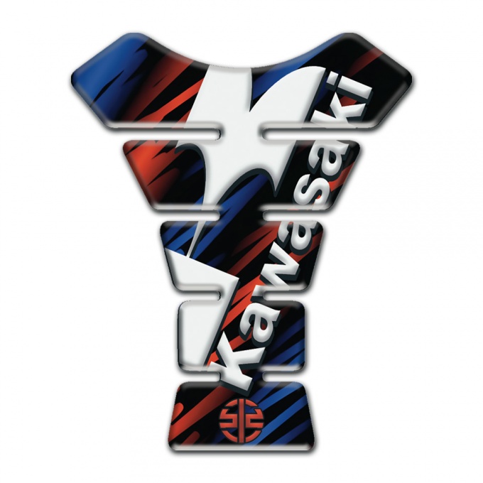 Kawasaki Tank Guard Pads Black with Blue Red patterns Basse and Diagonal White Logo