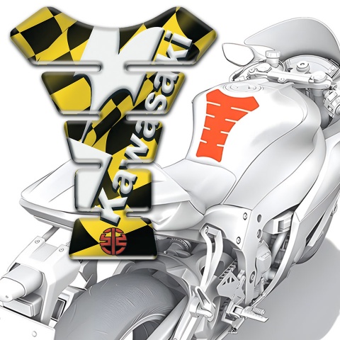 Kawasaki Tank Pad Protector Yellow Black Squares Design with White Logo 