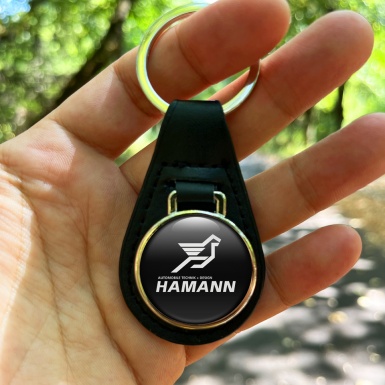 Hamann Keyring Holder Leather Black White Pegasus Logo