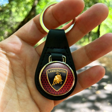 Lamborghini Leather Keychain Red Honeycomb Black Shield Edition