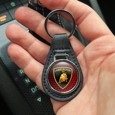 Lamborghini Leather Keychain Red Honeycomb Black Shield Edition