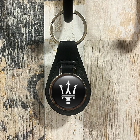 Maserati Keychain Leather Black White Clean Logo