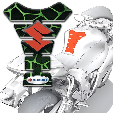 Suzuki Tank Guard Pads Red Logo Style with Black Base and Green Patterns 