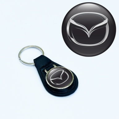 Mazda Keychain Leather Black Silver Chrome Logo