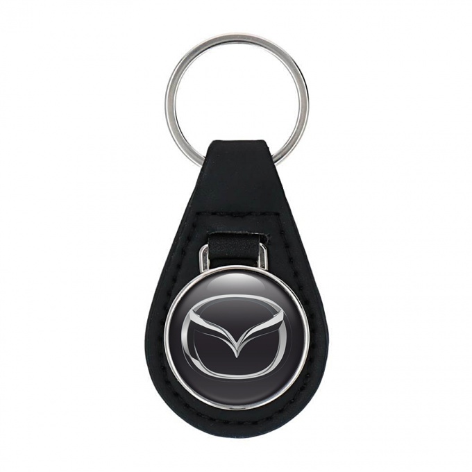 Mazda Keychain Leather Black Silver Chrome Logo