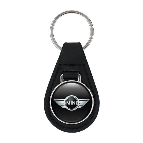 Mini Cooper Leather Keychain Black Silver Metallic Logo