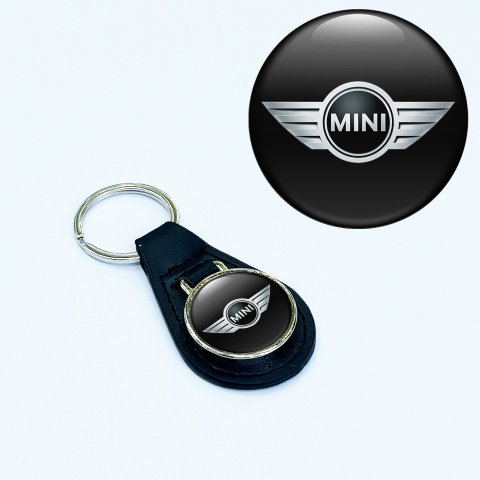 Mini Cooper Leather Keychain Black Silver Metallic Logo