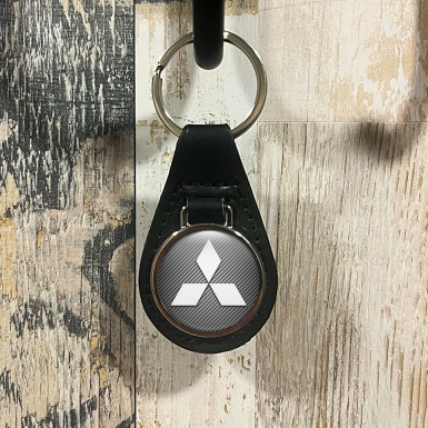 Mitsubishi Leather Keychain Light Carbon White Classic Logo