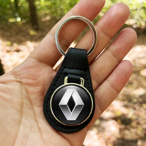 Renault Keychain Leather Black Silver Classic Logo
